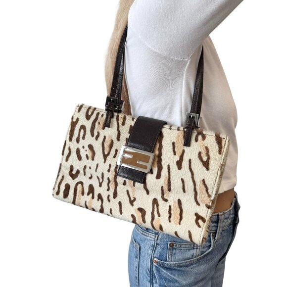 Fendi Handbags - FENDI Vintage FF Logo Leopard Mamma Baguette Shoulder Bag Cream Brown [105532]